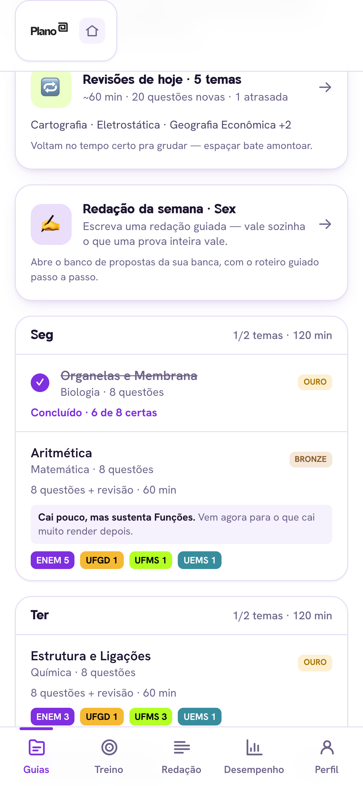 Tela do mapa de assuntos com medalhas