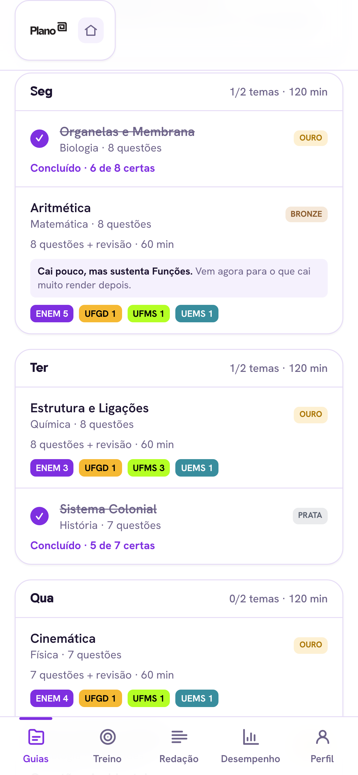 Tela do guia da semana