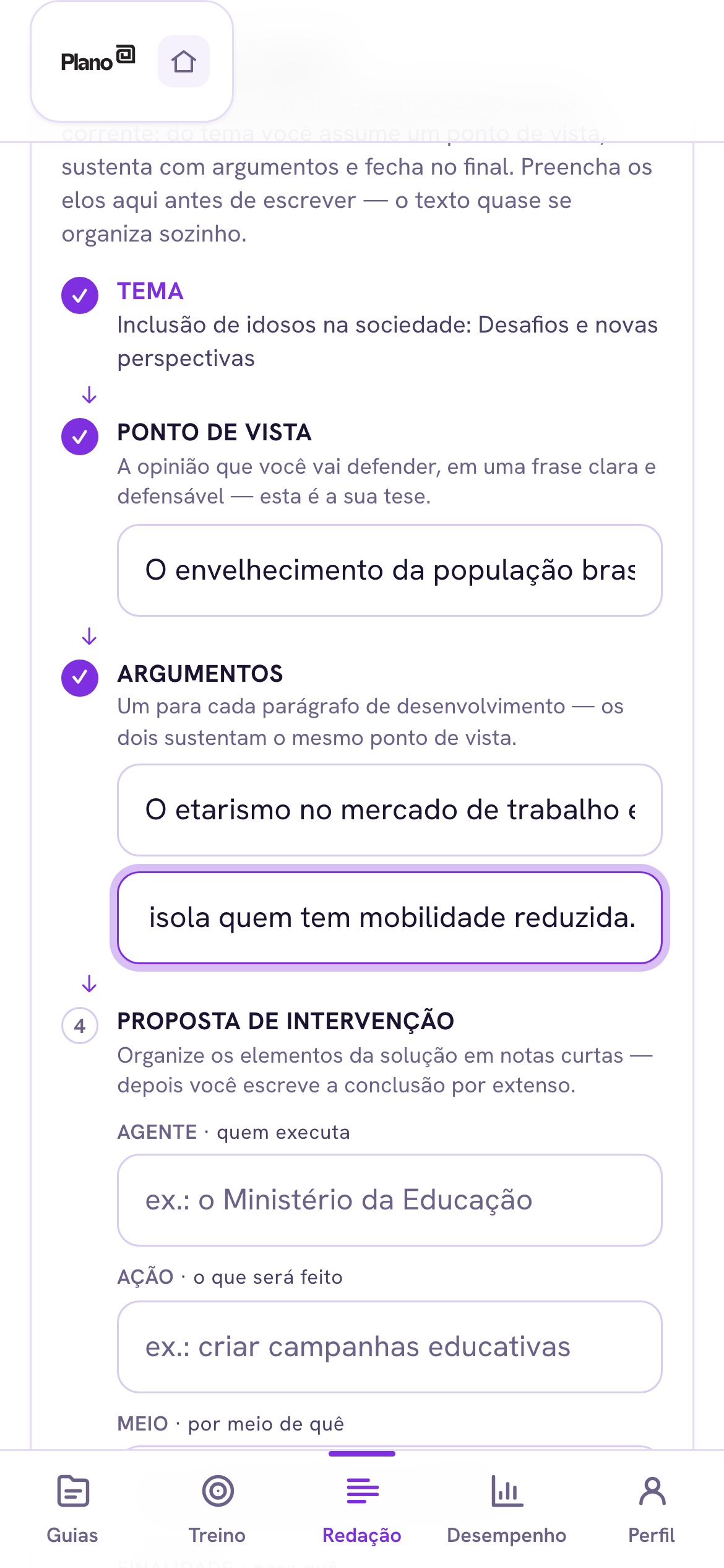 Tela do roteiro guiado de redação