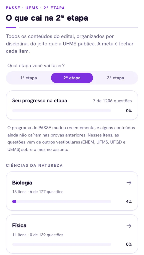 Seção PASSE-UFMS do app: a escolha da etapa e o progresso em cada disciplina