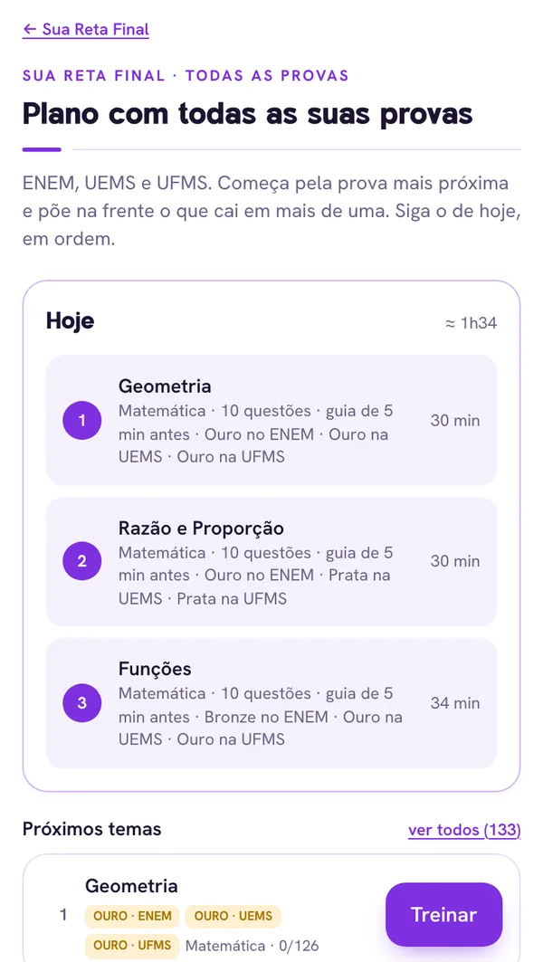 O plano de hoje no app: os temas do dia, em ordem, com a medalha de cada prova