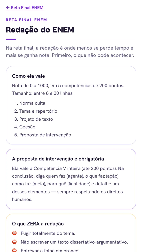 Tela do app com como a redação do ENEM vale e o que zera