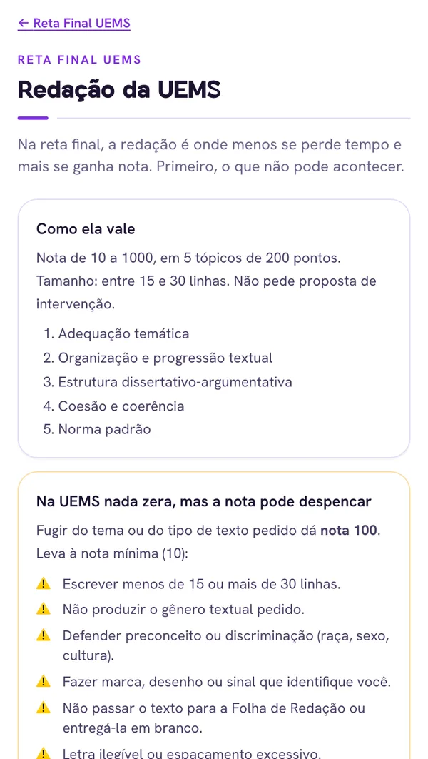 Tela do app com como a redação da UEMS vale e o que zera