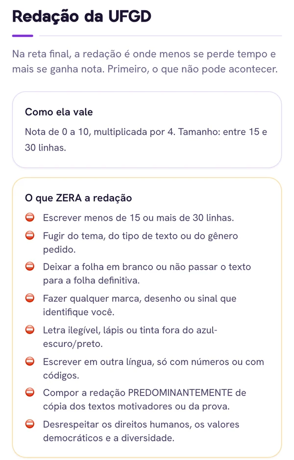 Tela do app com como a redação da UFGD vale e o que zera