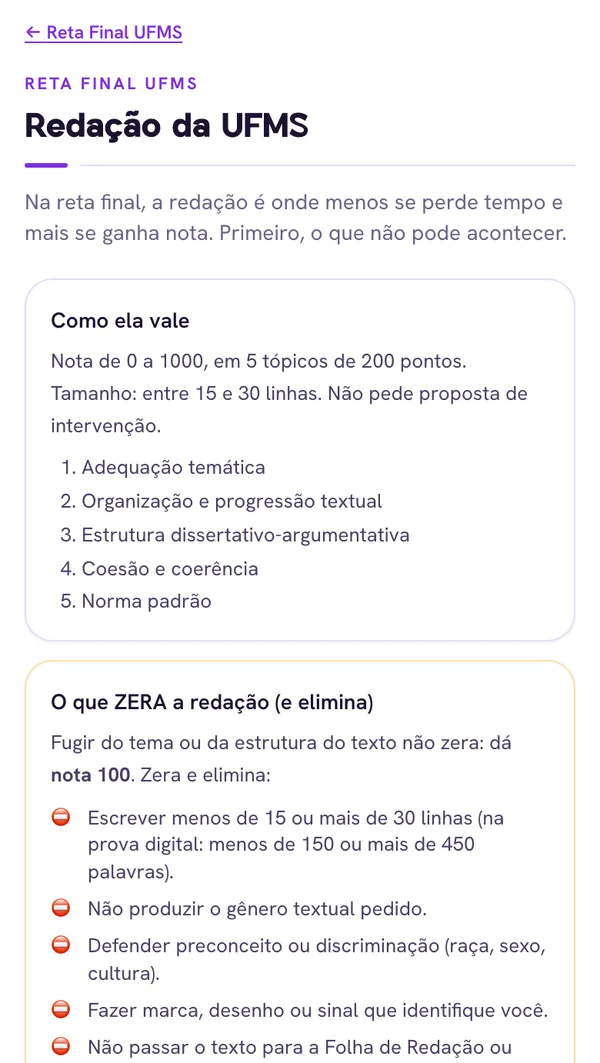 Tela do app com como a redação da UFMS vale e o que zera