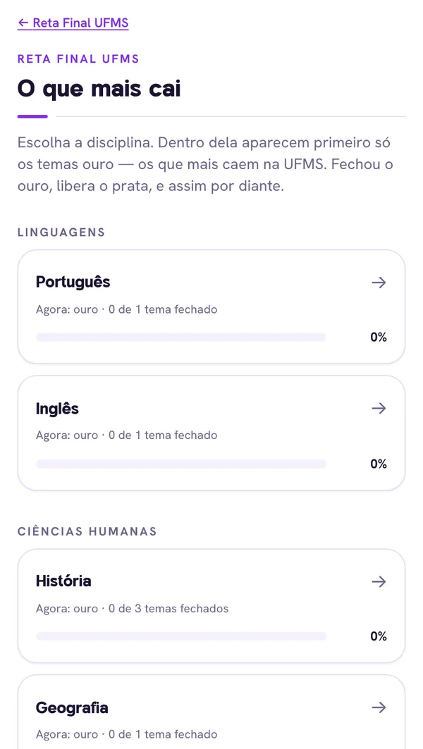 Tela do app com as disciplinas e o progresso em cada uma