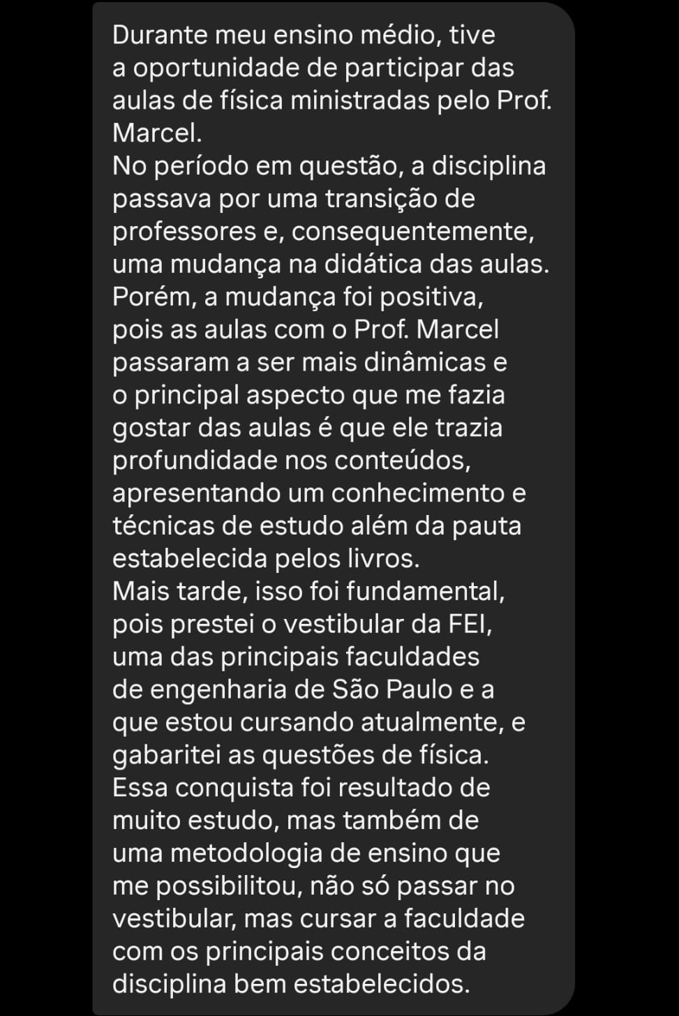 Print de depoimento de aluno aprovado em Engenharia na FEI